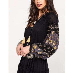 Free‎ People Mix It Up Black Tunic Dress Large Boho Floral Balloon Sleeve